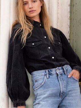We the Free x Free People With Love Worn White Denim Buttondown Shirt Top Black